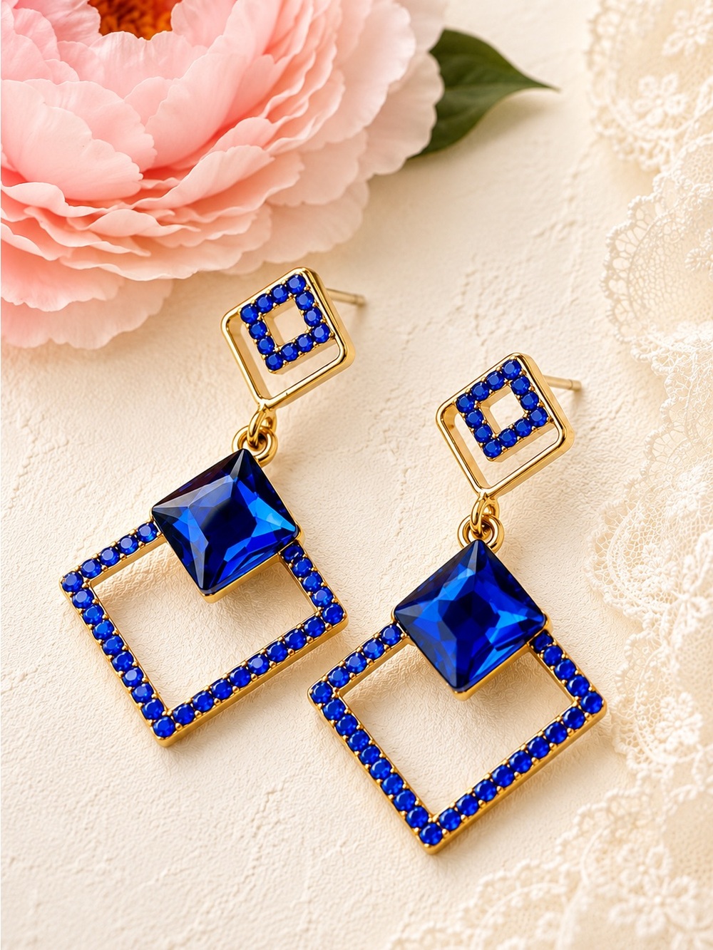 Cobalt Blue Crystal Gold Geometric Drop Earring Statement Jewelry Boutique Style